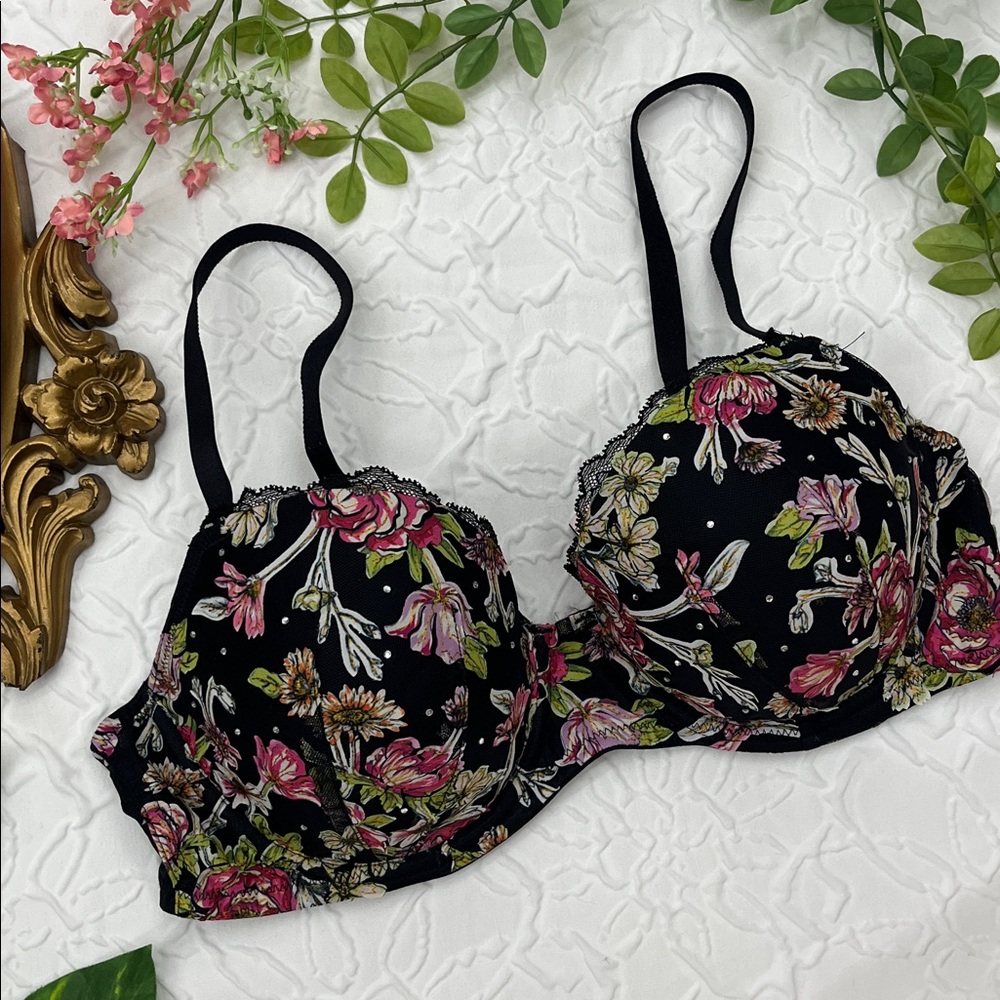Victoria's Secret Black Floral Bra Lined Demi Size 36D
